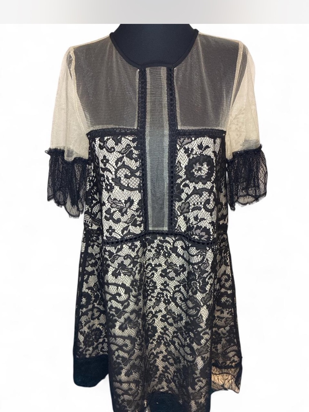 Kendall & Kylie Black Lace Overlay Tunic with Cream Sheer Sleeves
